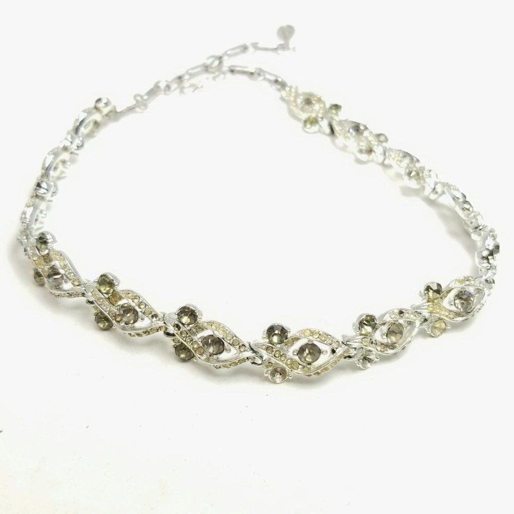 Vintage Coro Rhinestone Collar Style Necklace, Silver Tone, Signed Retro 60s